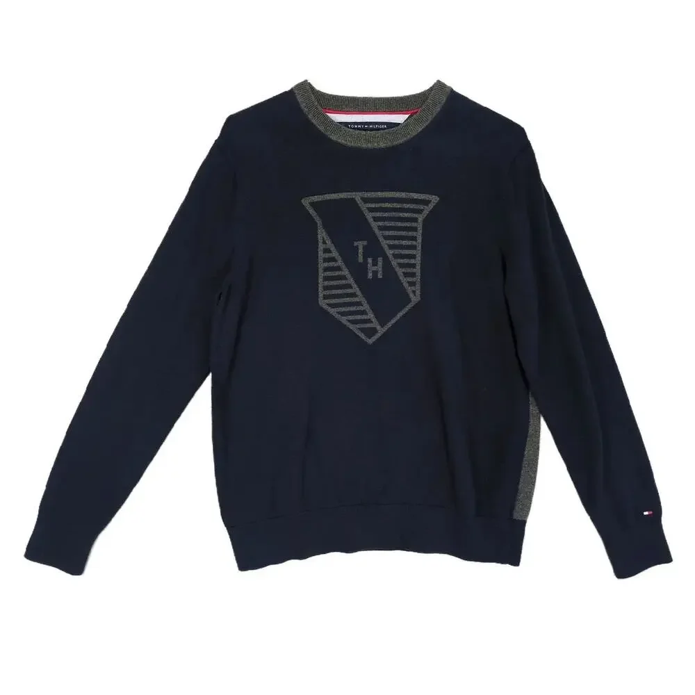 Tommy Hilfiger‎ Men's L TH Crest Knit Crew Sweater Top Navy Gray Preppy Classic